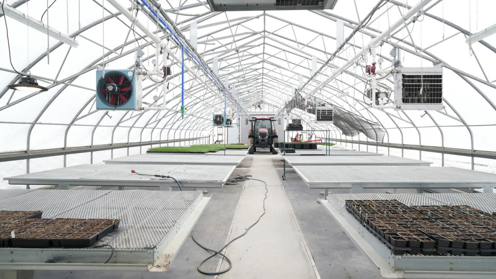 Greenhouse benches, environmental controls and production infrastructure